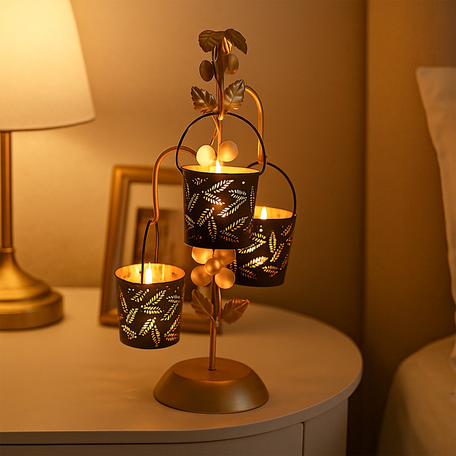 VON CASA Golden & Black Tree-Shaped T-Lite Holder – Matte Finish
