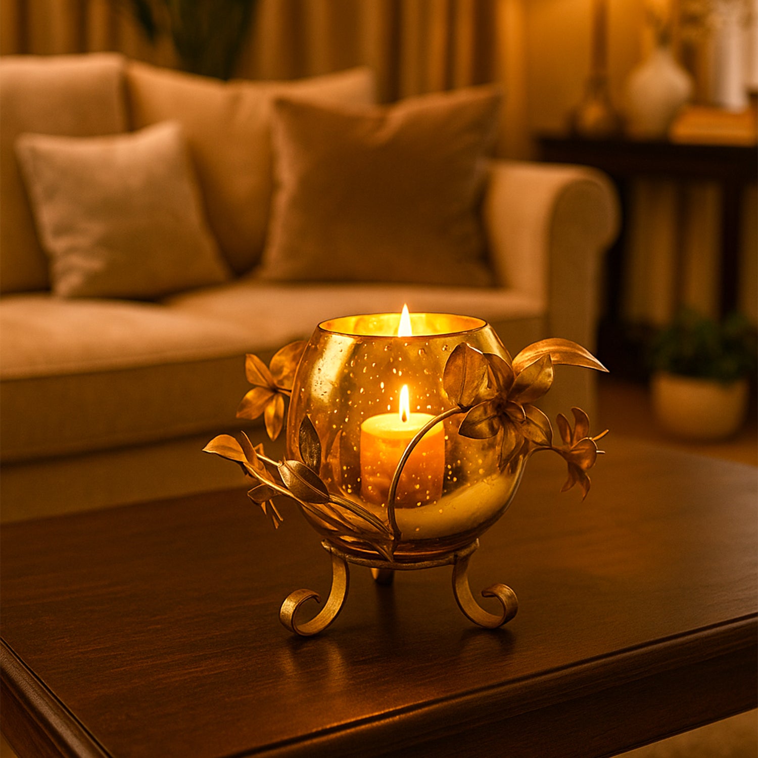 VON CASA Single T-Light Holder – Golden Sphere with Mercury Glass