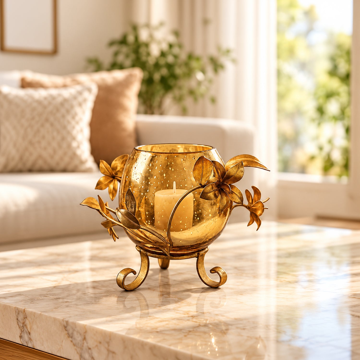 VON CASA Single T-Light Holder – Golden Sphere with Mercury Glass