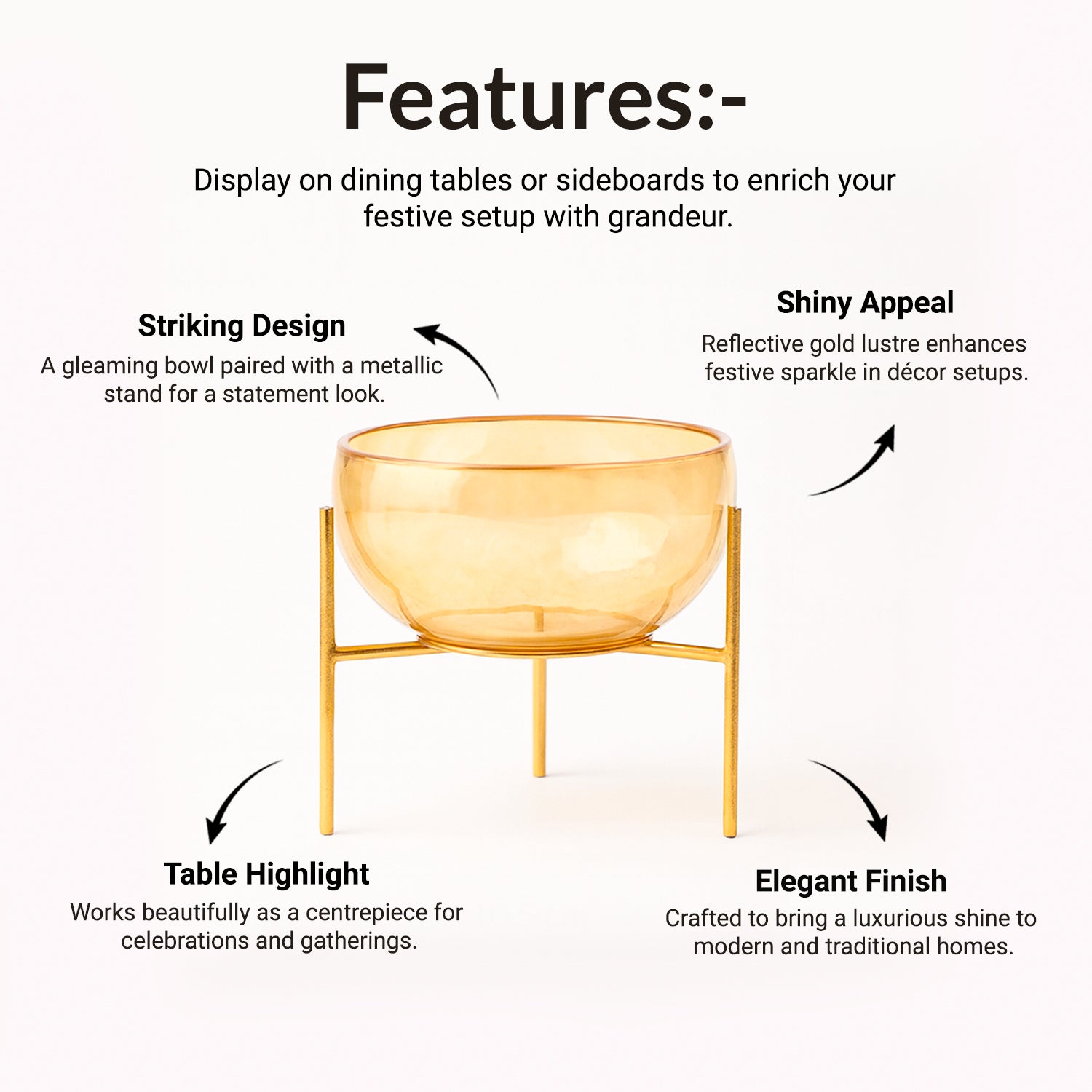 VON CASA Decorative Bowl with Stand – Golden Lustre Finish