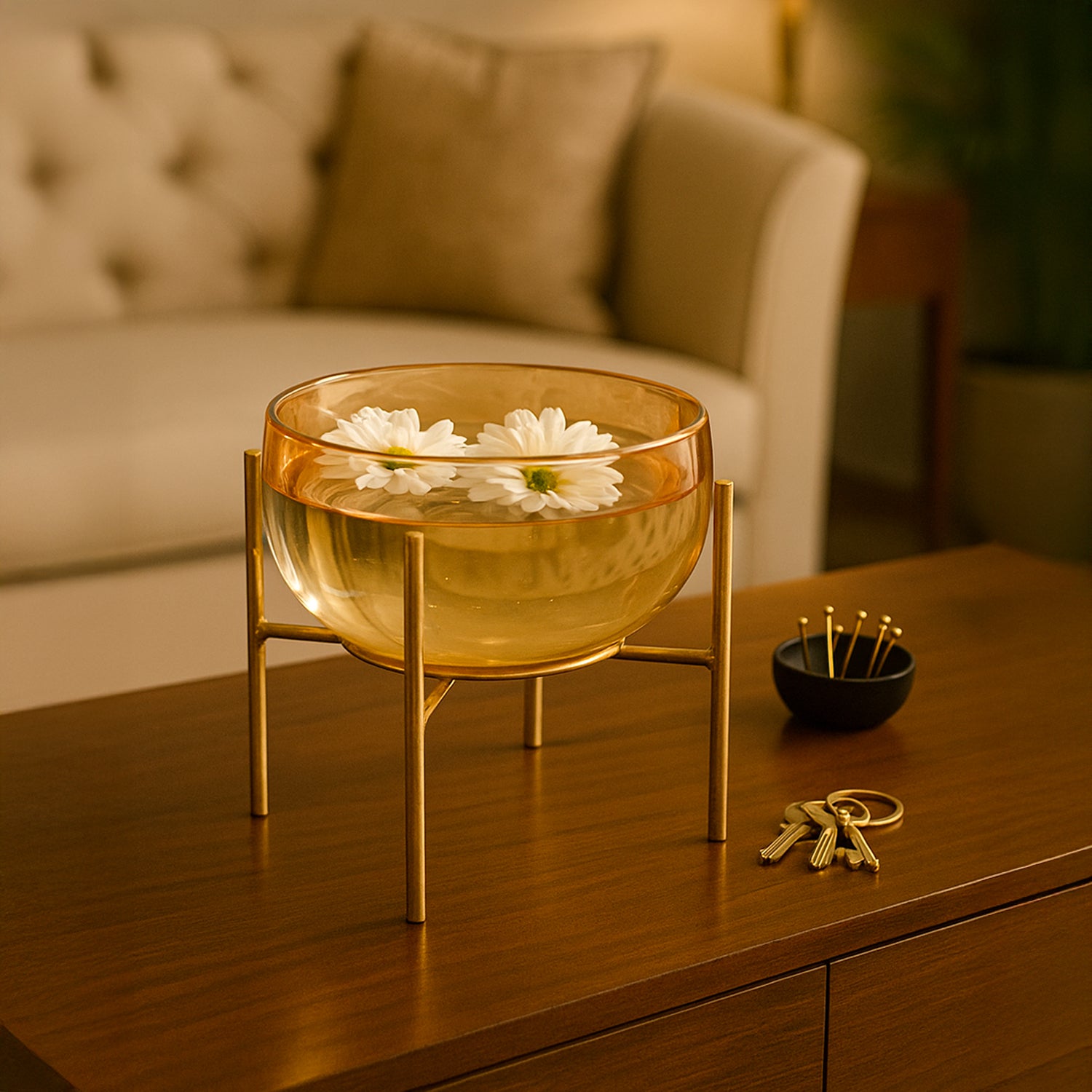 VON CASA Decorative Bowl with Stand – Golden Lustre Finish