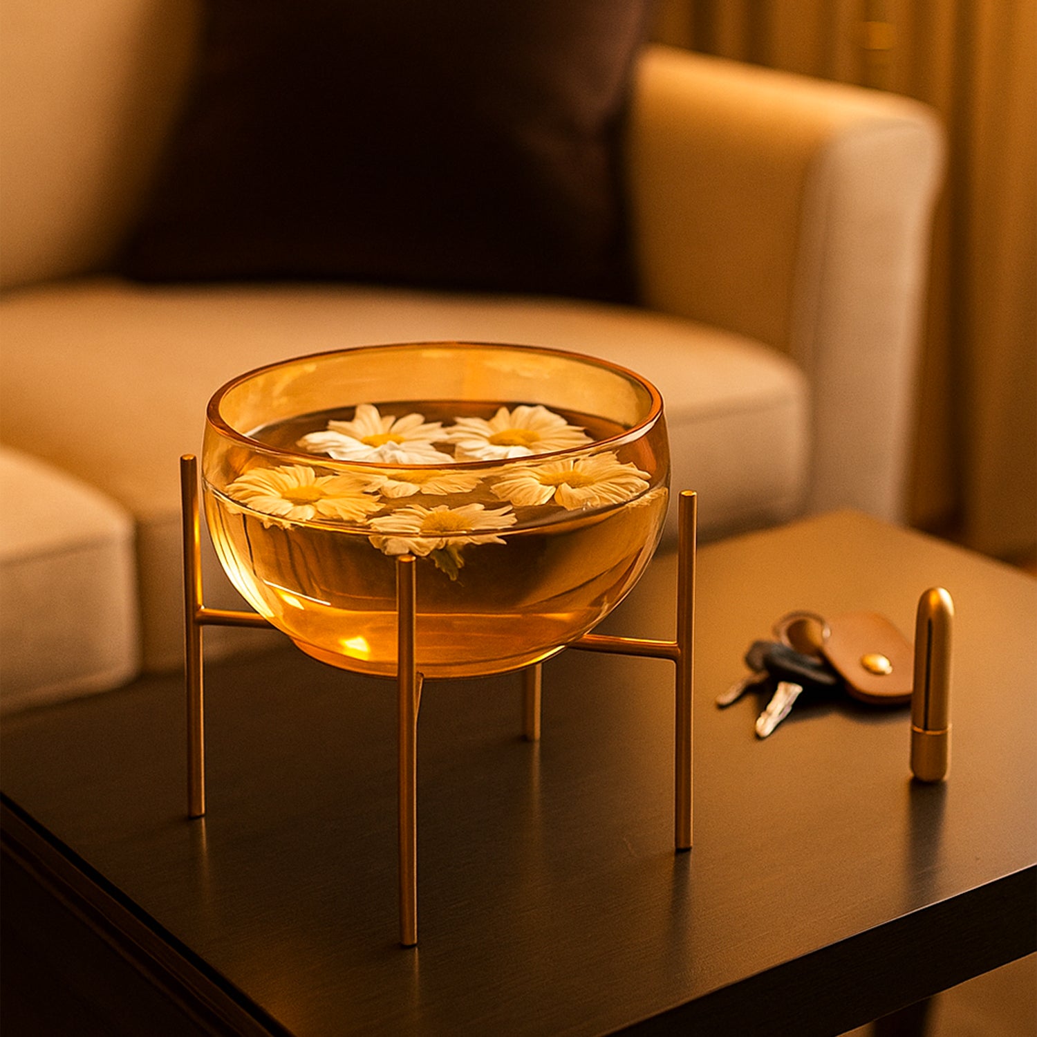 VON CASA Decorative Bowl with Stand – Golden Lustre Finish