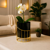 VON CASA Black Metal Planter with Golden Wire Stand – Gloria Design, 24.50 cm