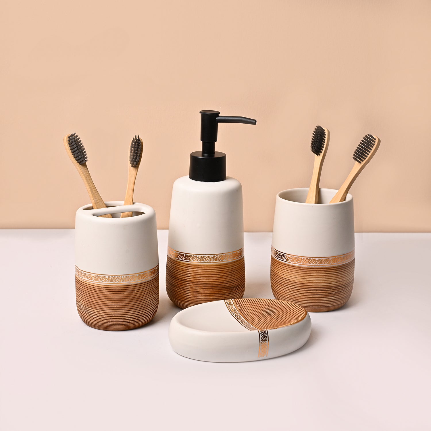 Bathroom Accessory Set (Golden & White, Ceramic – 4 Pc)