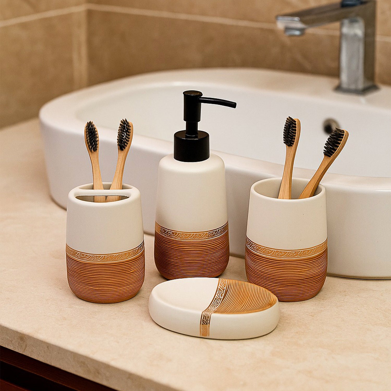 Bathroom Accessory Set (Golden & White, Ceramic – 4 Pc)