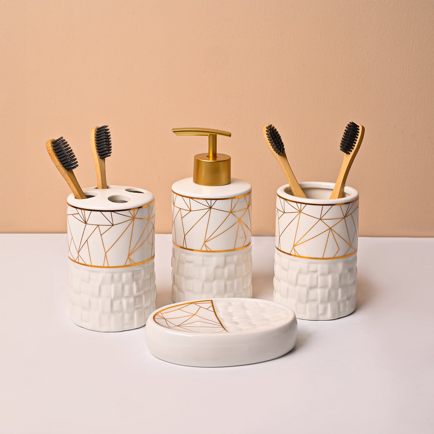 Bathroom Accessory Set (White with Brown, Ceramic – 4 Pc)
