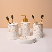 Bathroom Accessory Set (White with Brown, Ceramic – 4 Pc)