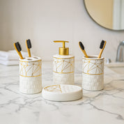 Bathroom Accessory Set (White with Brown, Ceramic – 4 Pc)