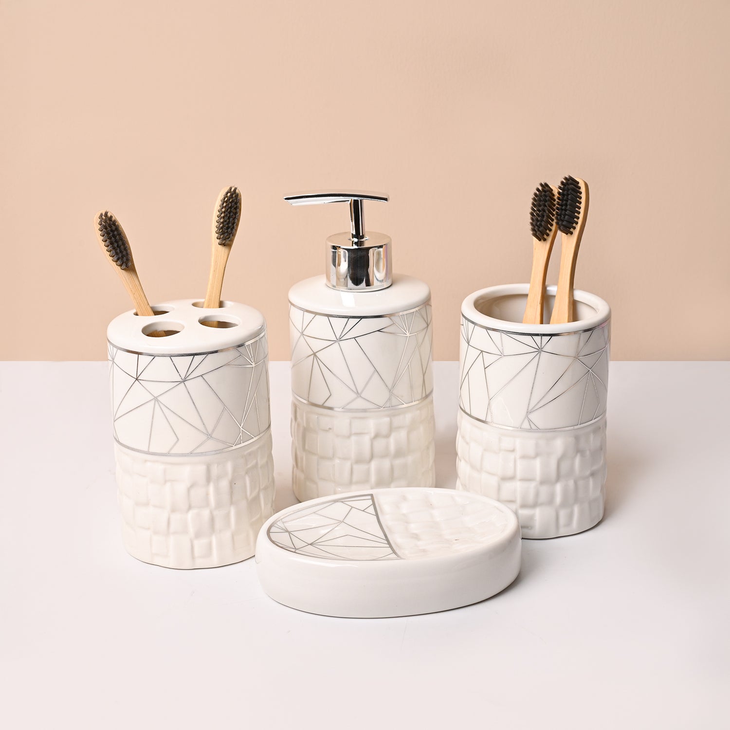 Bathroom Accessory Set (White with Grey, Ceramic – 4 Pc)