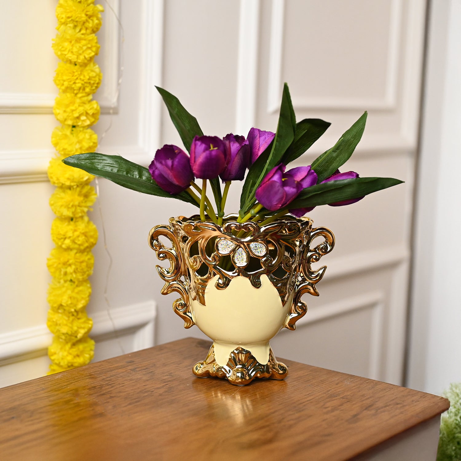 Cream and Gold Ceramic Rococo Vase
