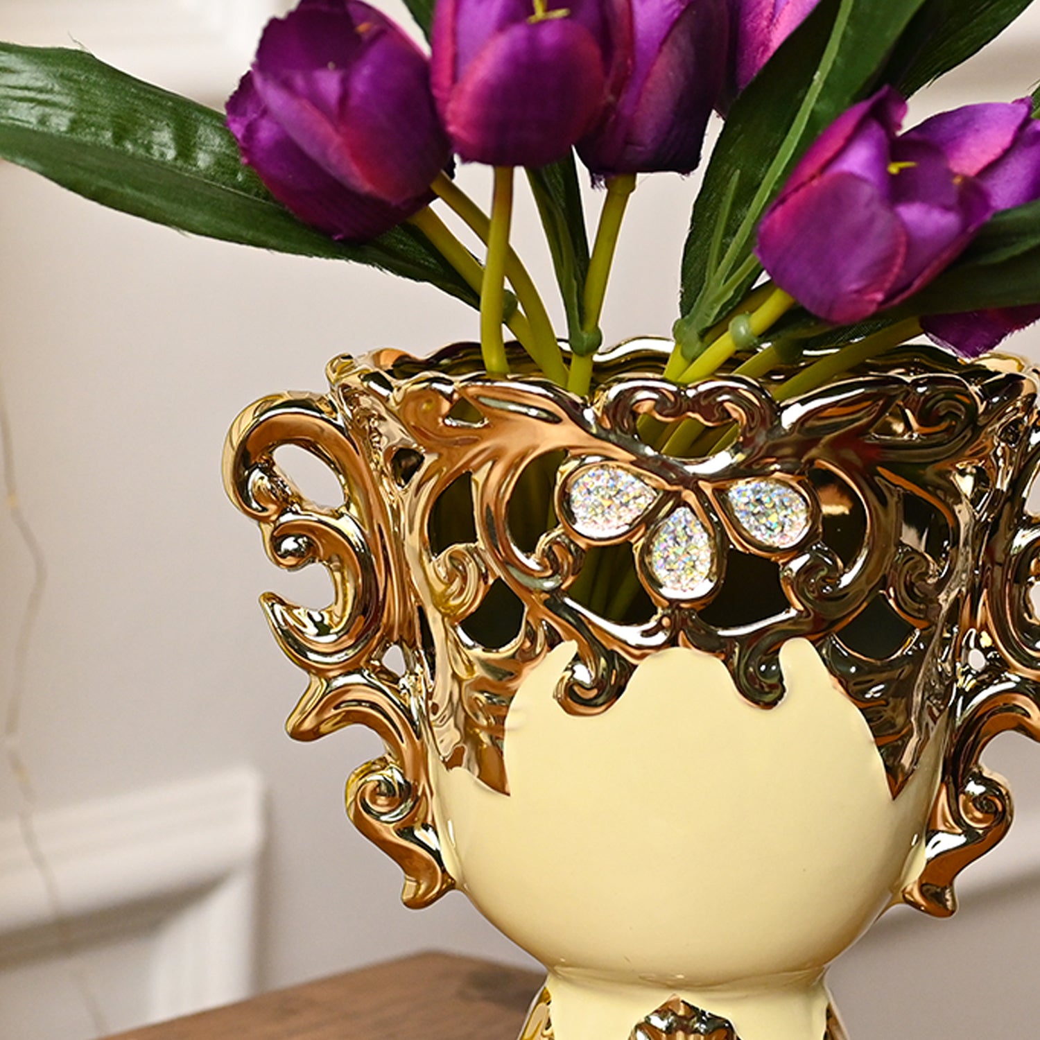 Cream and Gold Ceramic Rococo Vase