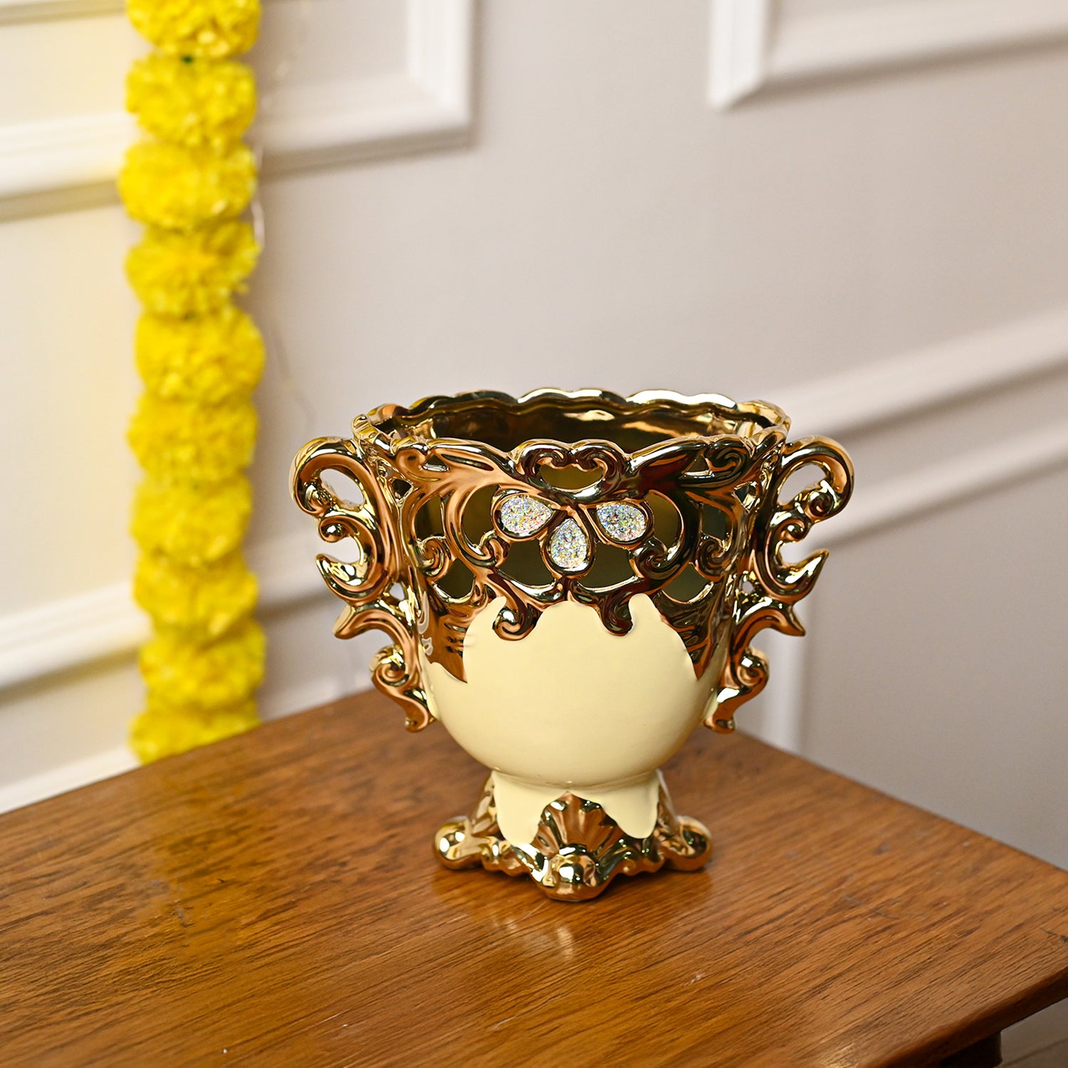Cream and Gold Ceramic Rococo Vase