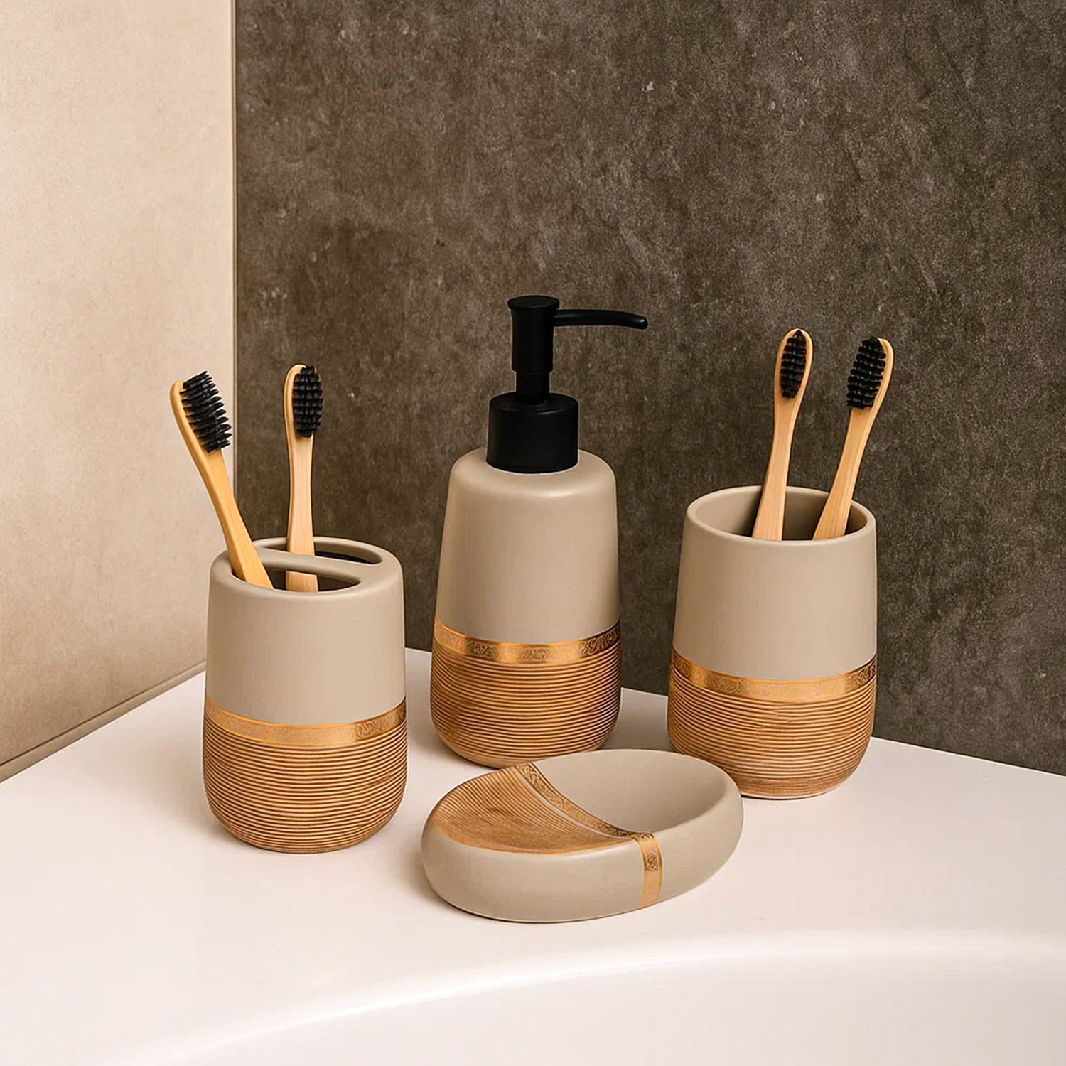 Ceramic Bathroom Set of 4 – Golden & Grey