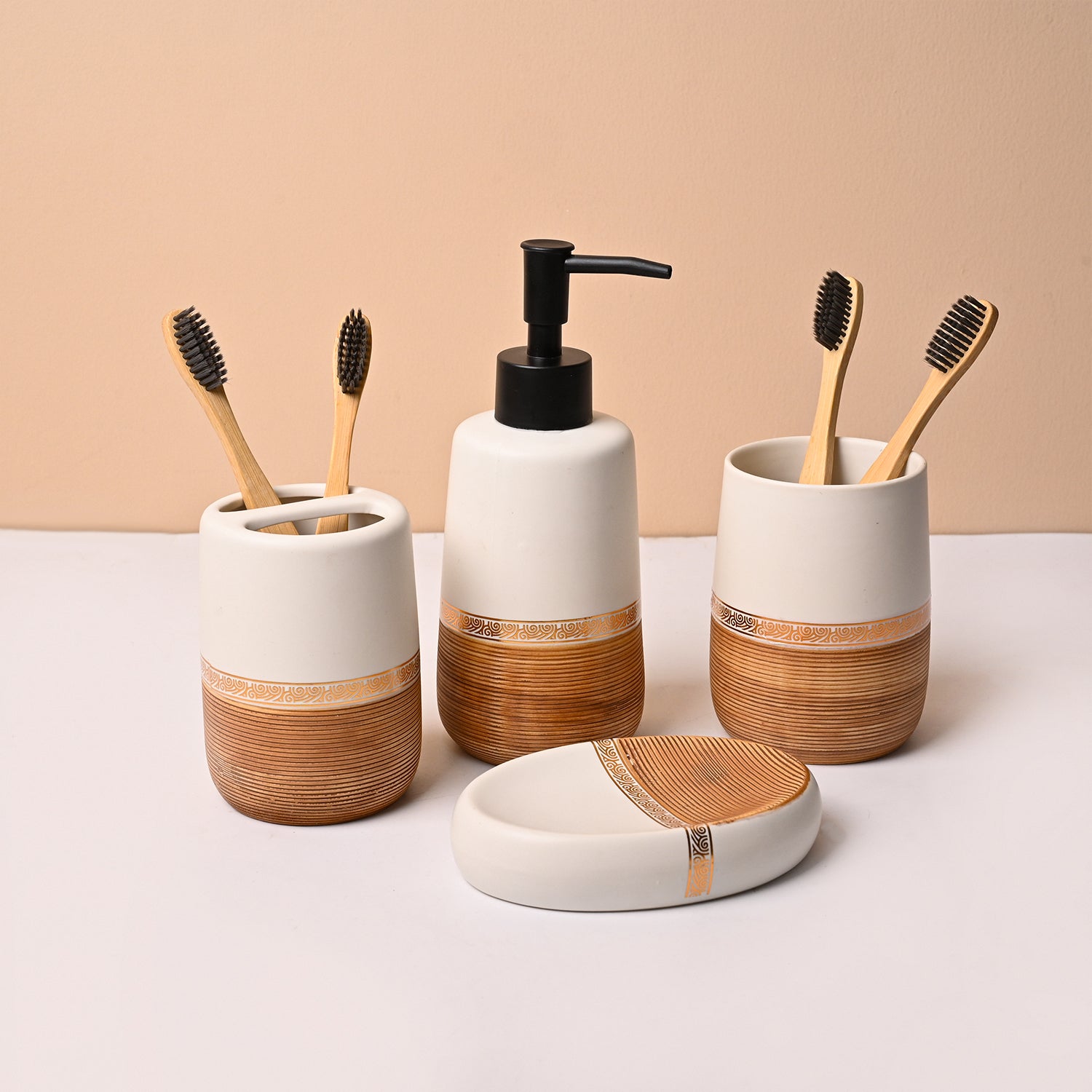 Ceramic Bathroom Set of 4 – Golden & Grey