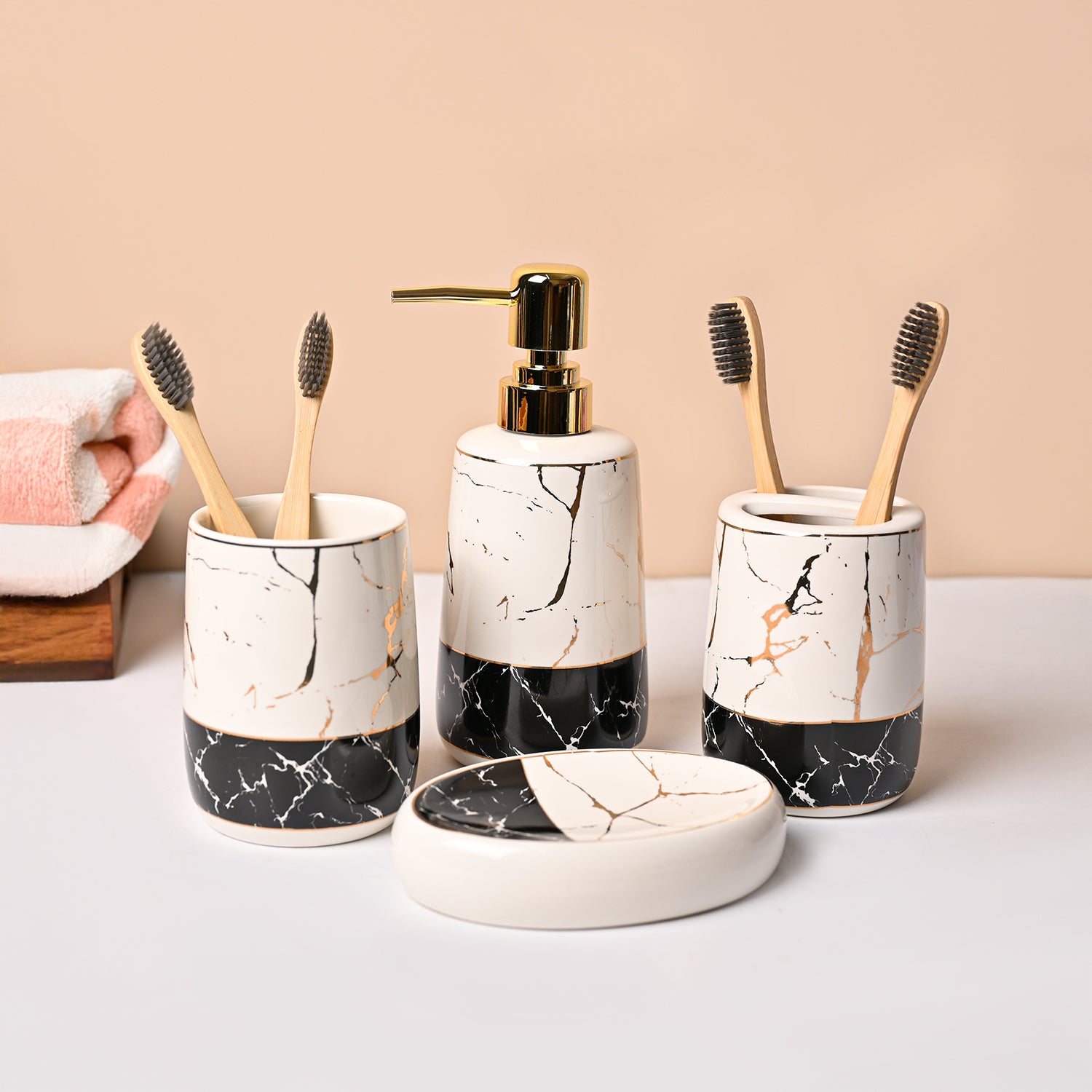 Ceramic Bathroom Set of 4 – White & Black Marble Finish
