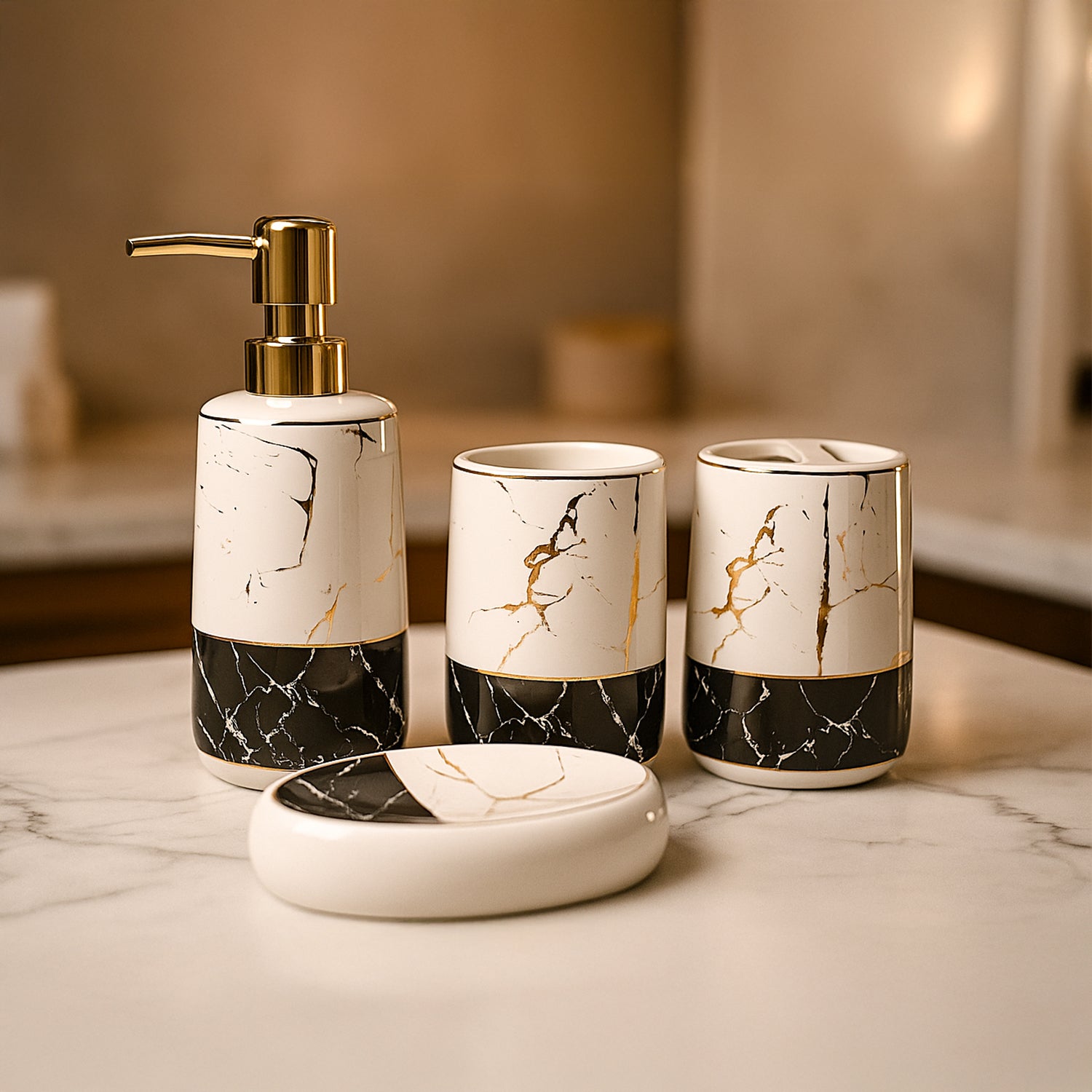 Ceramic Bathroom Set of 4 – White & Black Marble Finish