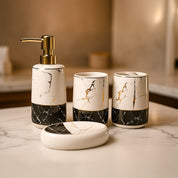 Ceramic Bathroom Set of 4 – White & Black Marble Finish
