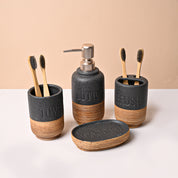 Ceramic Bathroom Set of 4 – Black & Brown Wooden Elegance