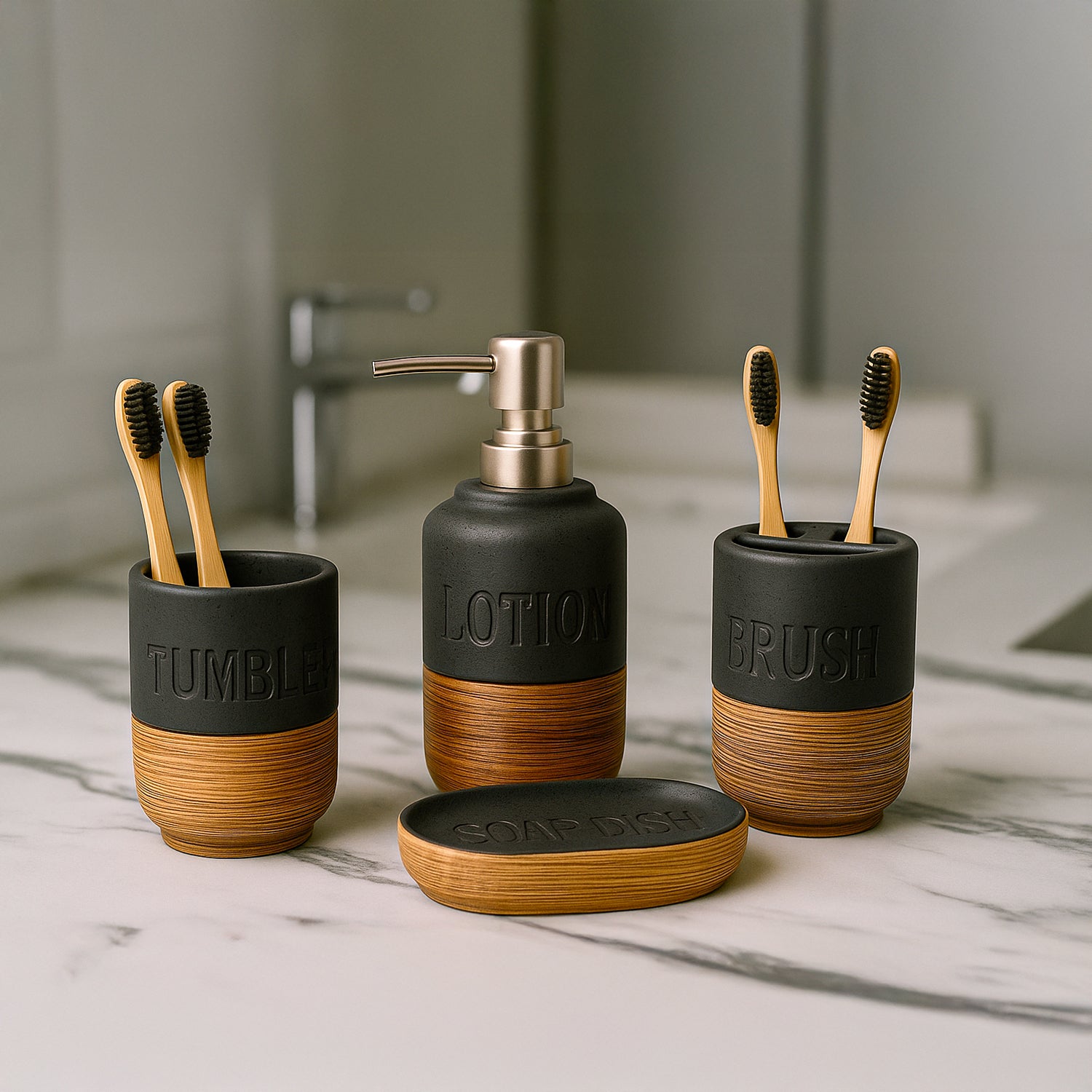 Ceramic Bathroom Set of 4 – Black & Brown Wooden Elegance