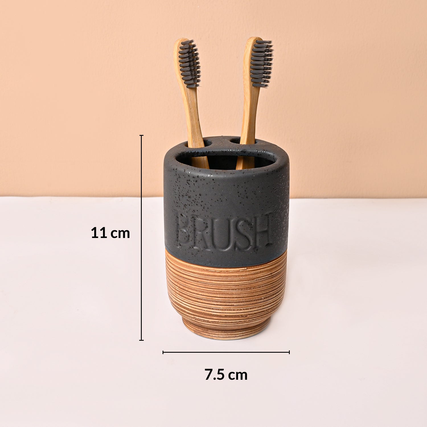 Ceramic Bathroom Set of 4 – Black & Brown Wooden Elegance