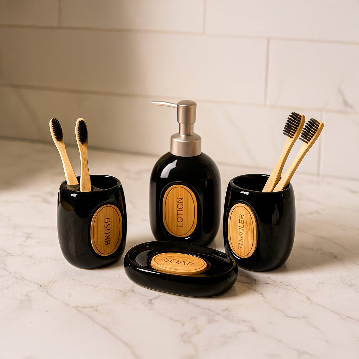 Ceramic Bathroom Set of 4 – Black Classic Glossy Finish
