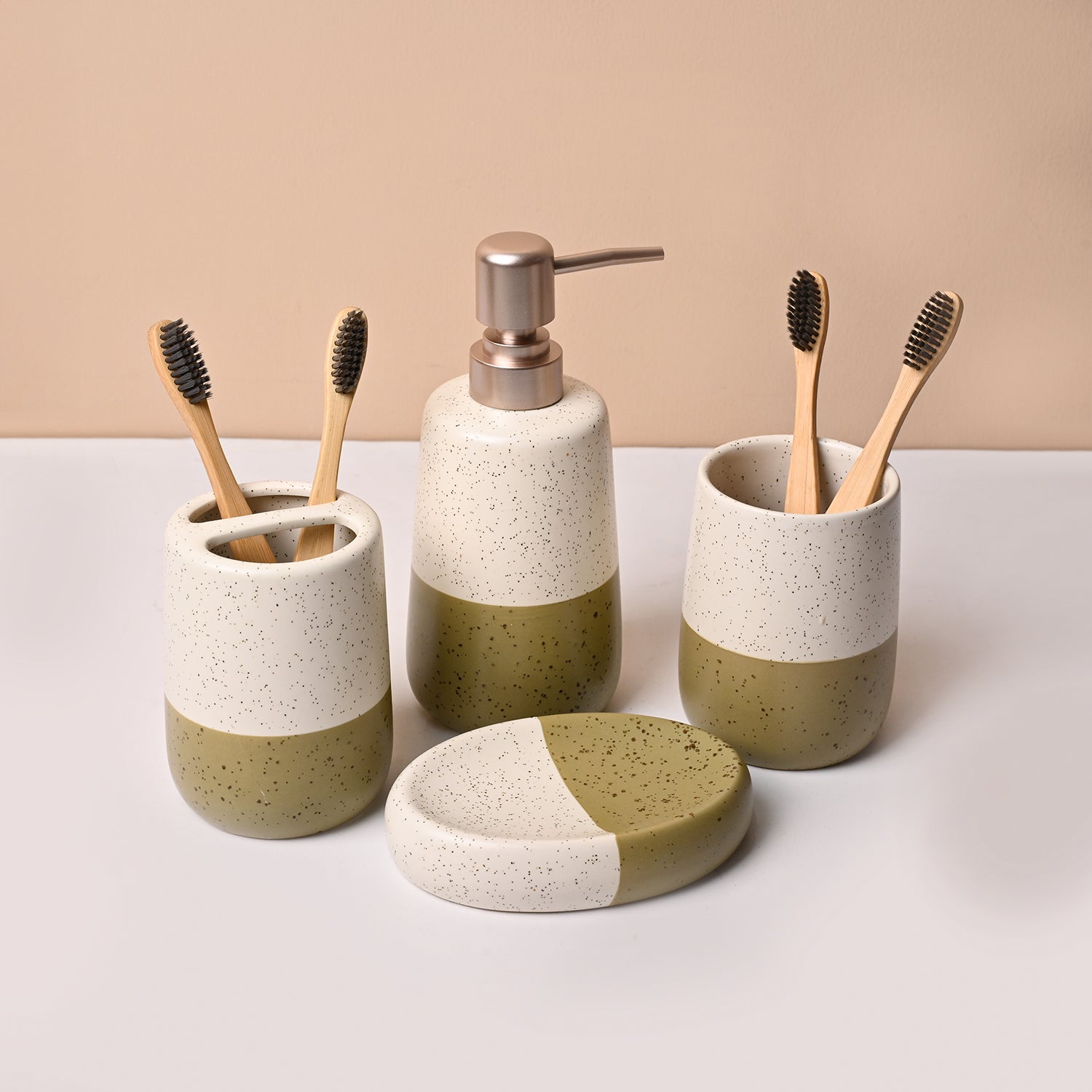 Bathroom Set (Set of 4) – White & Green Ceramic