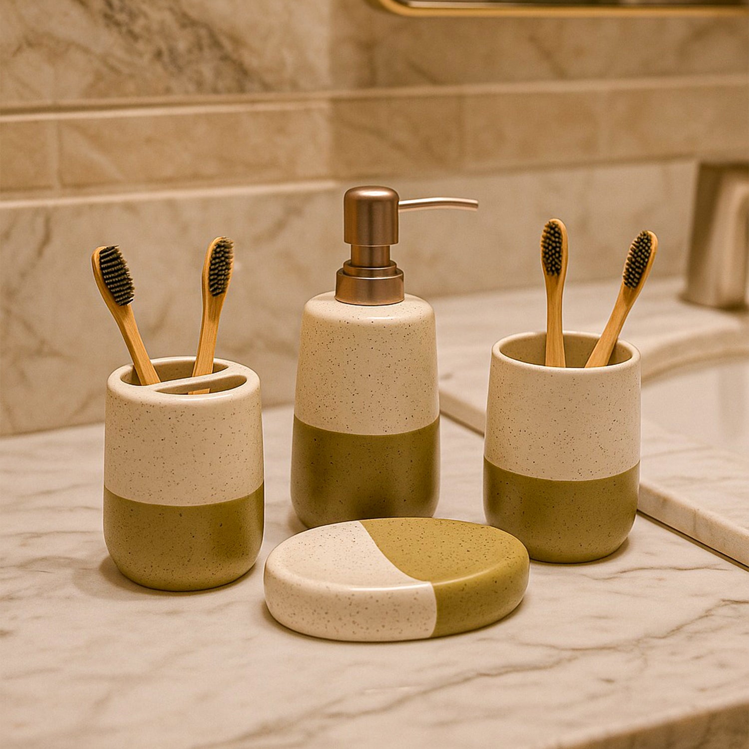 Bathroom Set (Set of 4) – White & Green Ceramic