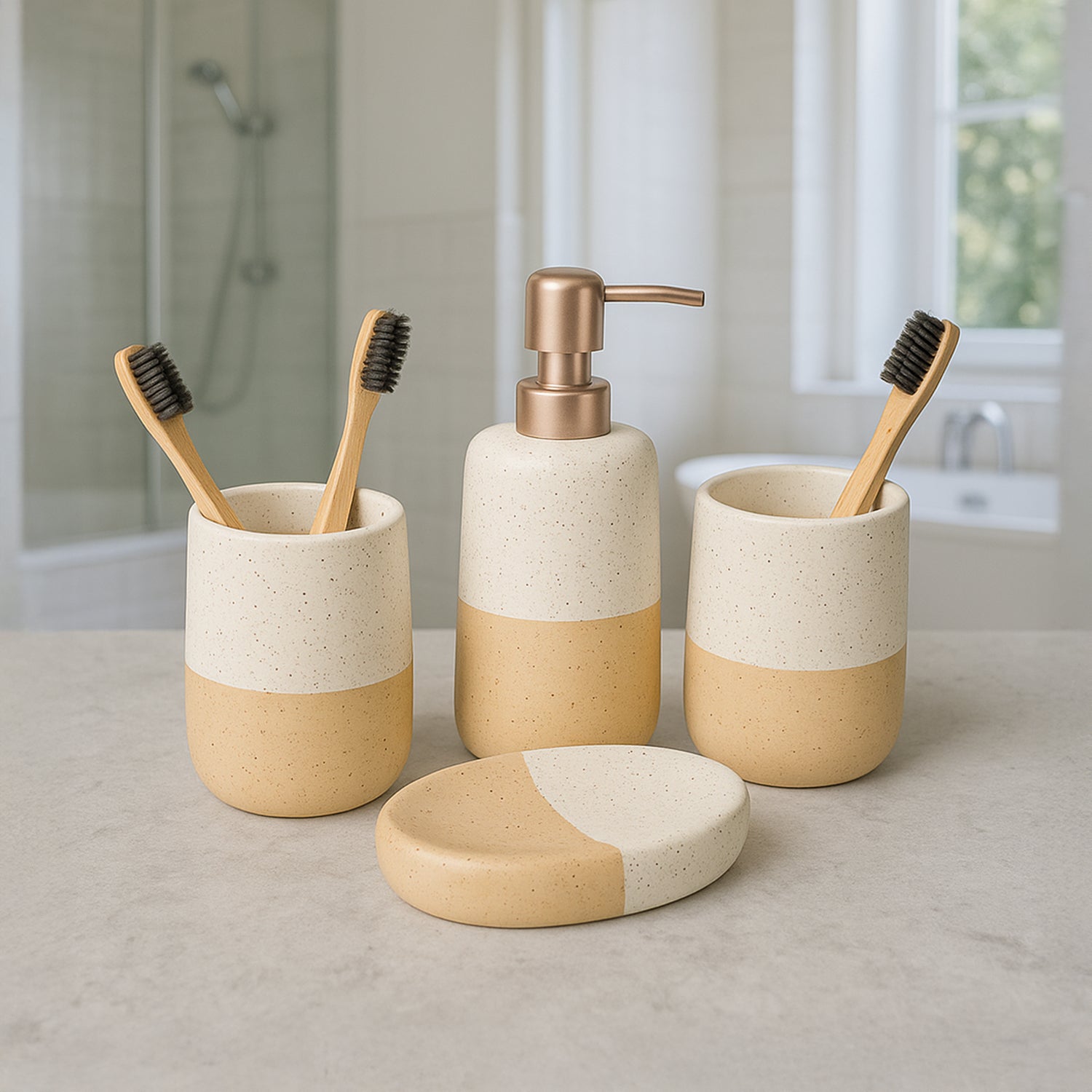 Bathroom Set (Set of 4) – White & Cream Ceramic