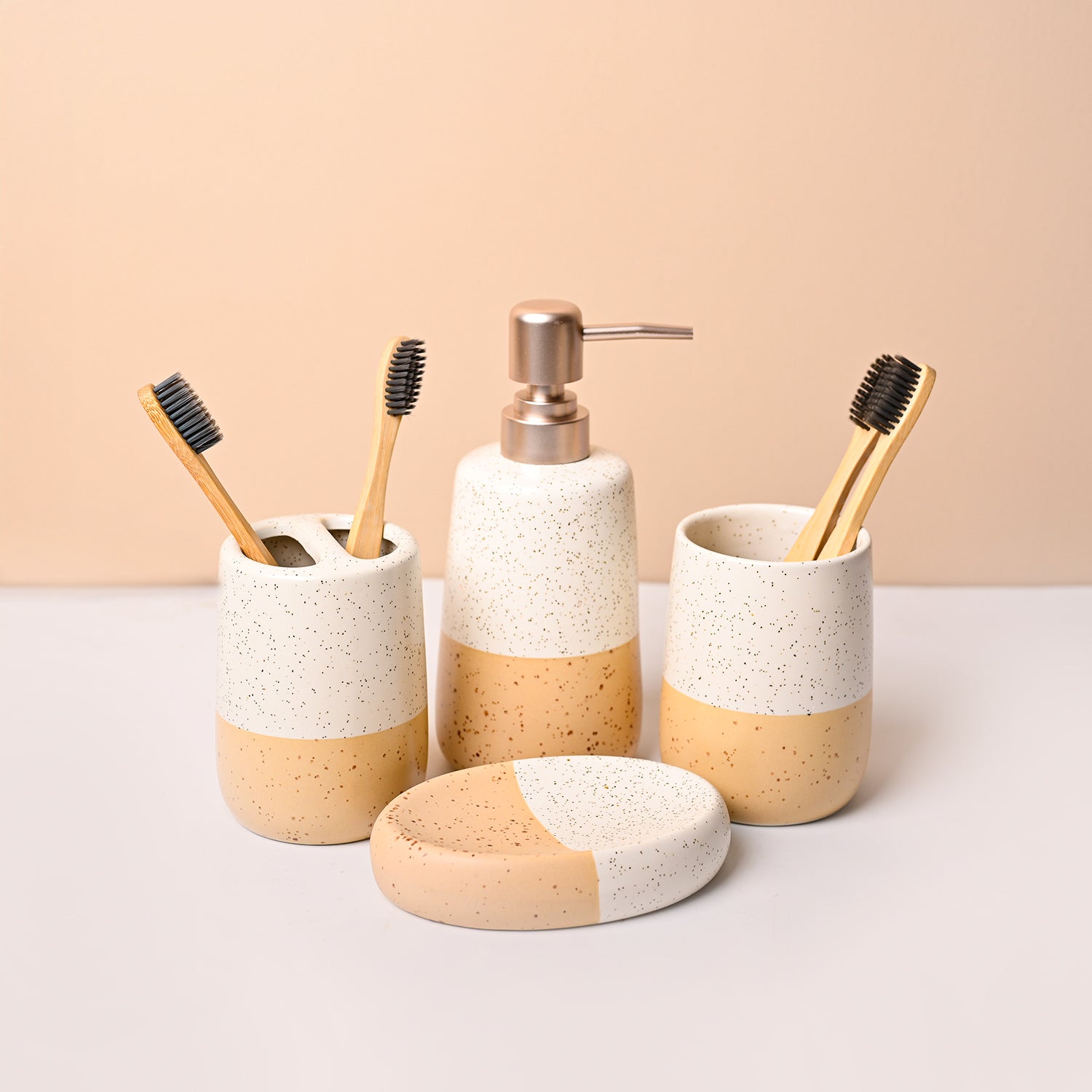 Bathroom Set (Set of 4) – White & Cream Ceramic