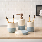 Bathroom Set (Set of 4) – White & Blue Ceramic