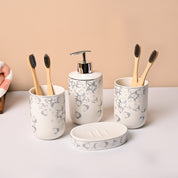Bathroom Set (Set of 4) – White & Grey Ceramic (Leaf Design)