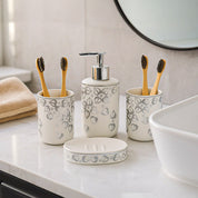 Bathroom Set (Set of 4) – White & Grey Ceramic (Leaf Design)