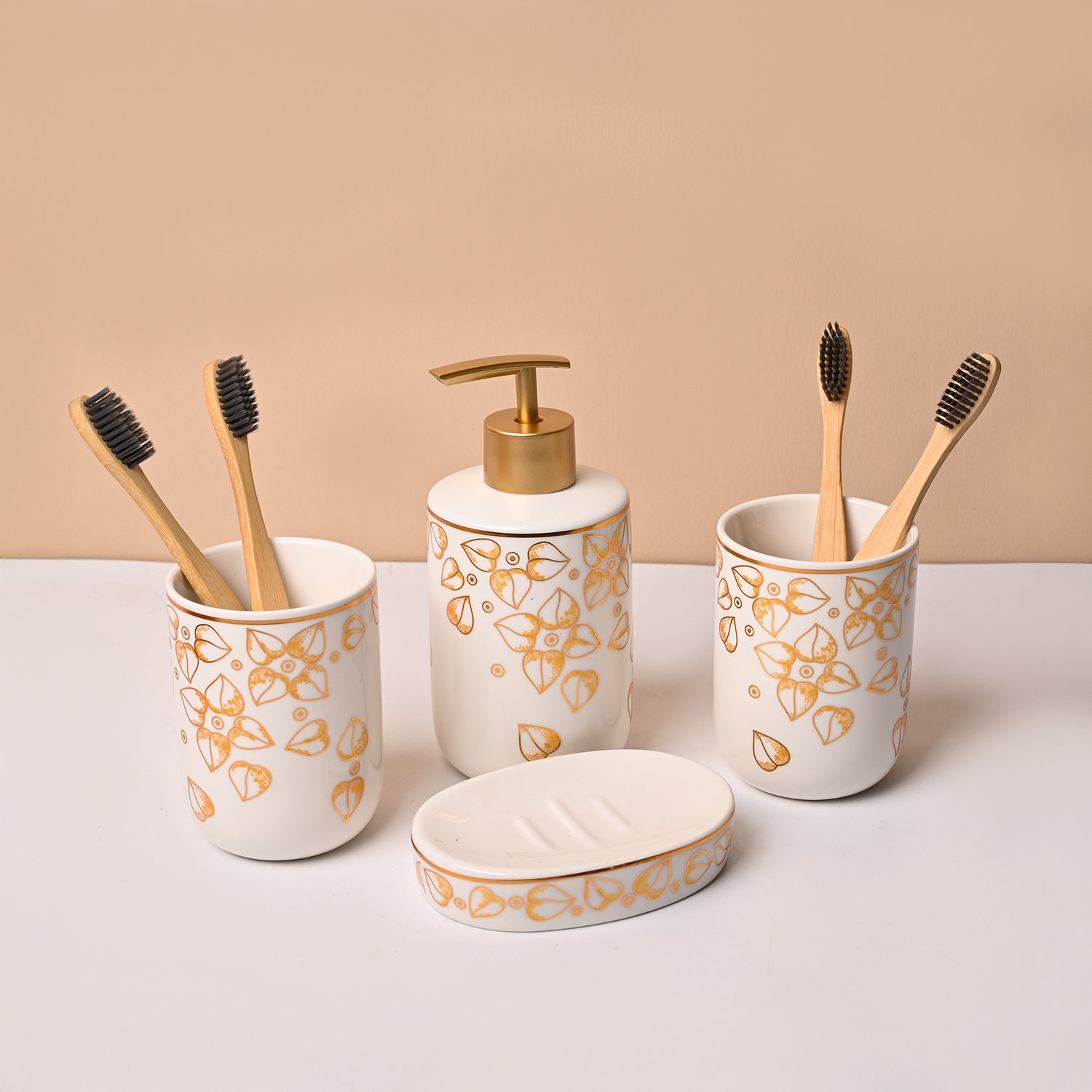 Bathroom Set (Set of 4) – White & Golden Ceramic (Leaf Design)