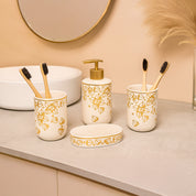 Bathroom Set (Set of 4) – White & Golden Ceramic (Leaf Design)
