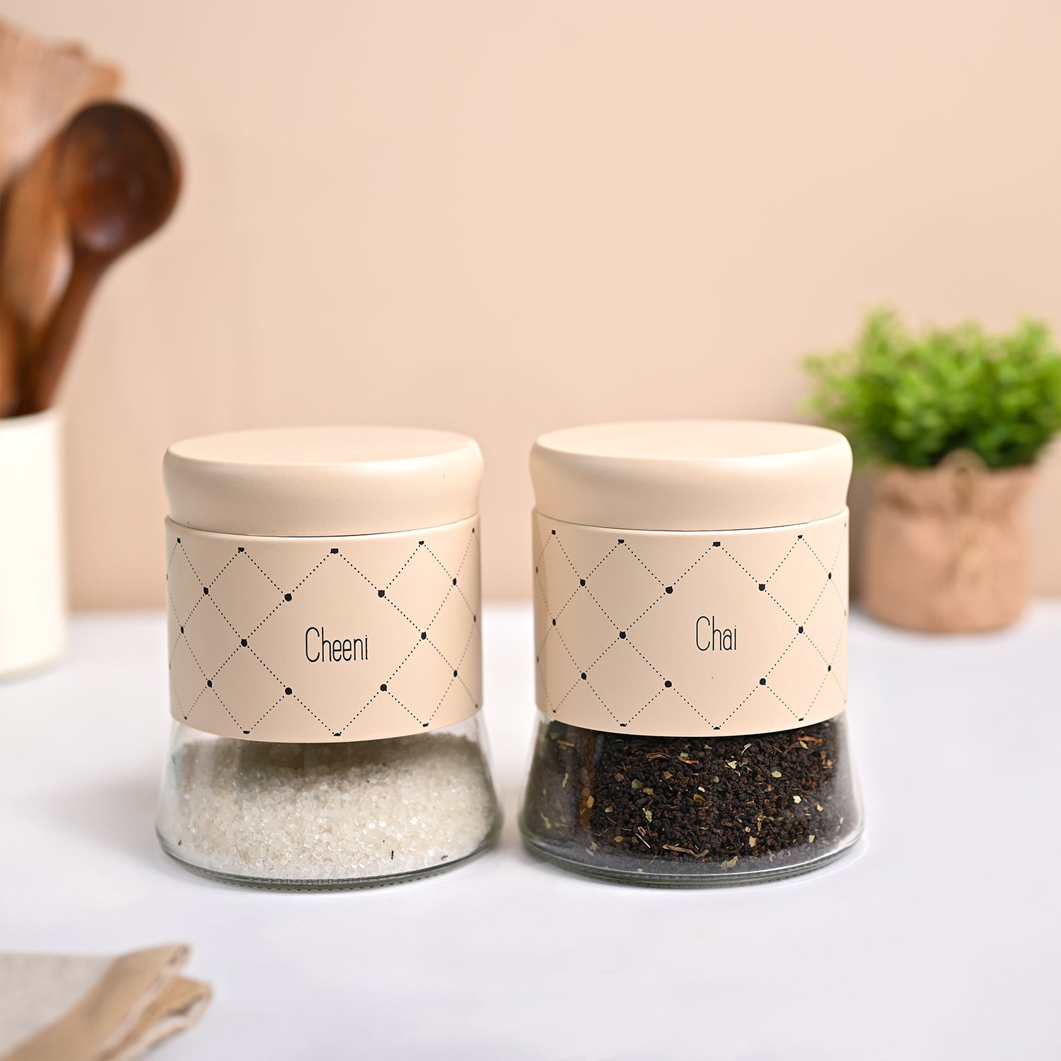 VON CASA Peach Argyle Chai & Cheeni Jar Set
