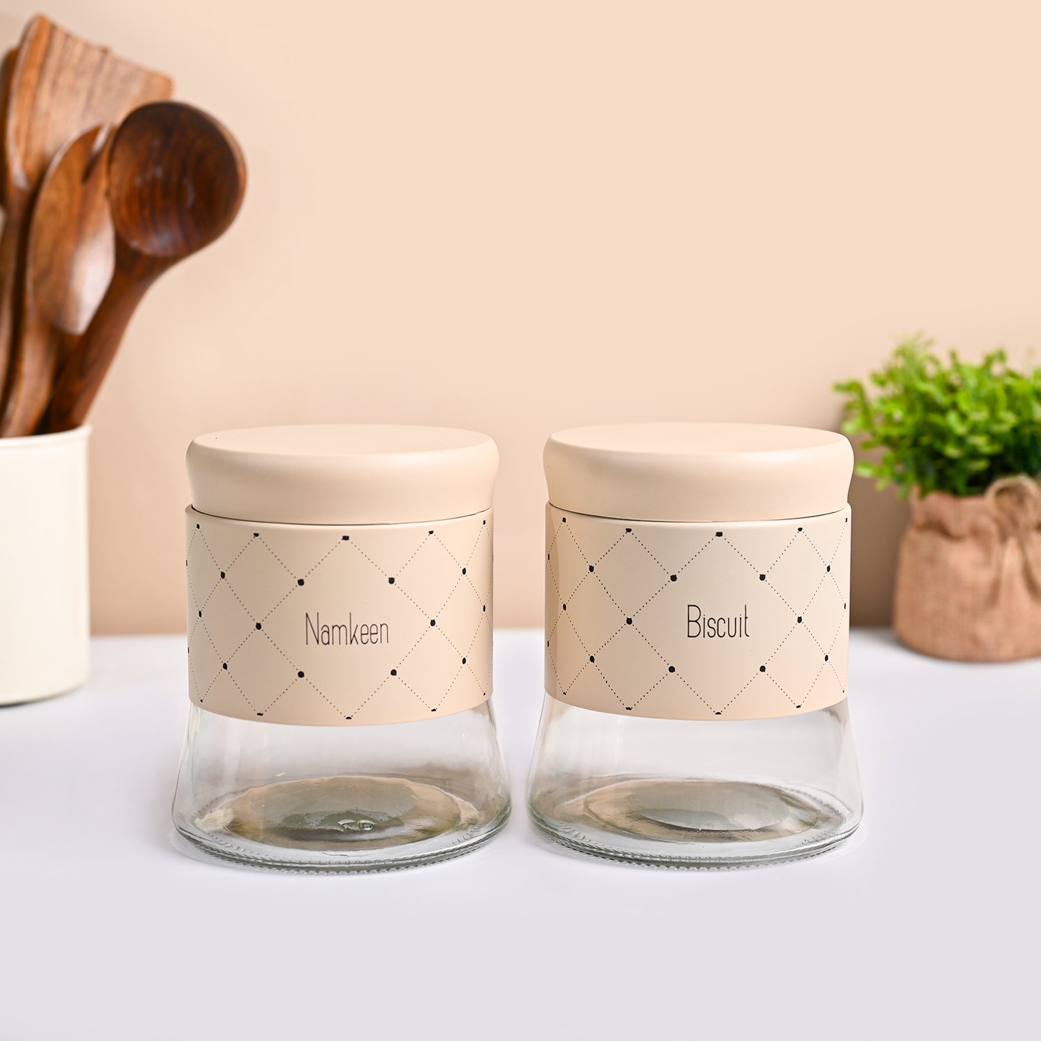 VON CASA Peach Argyle Biscuit & Namkeen Jar Set