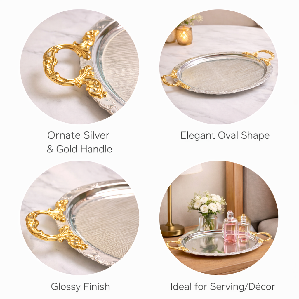 MARKET99 Glossy Oval Decorative Tray with Gold/Silver Handles