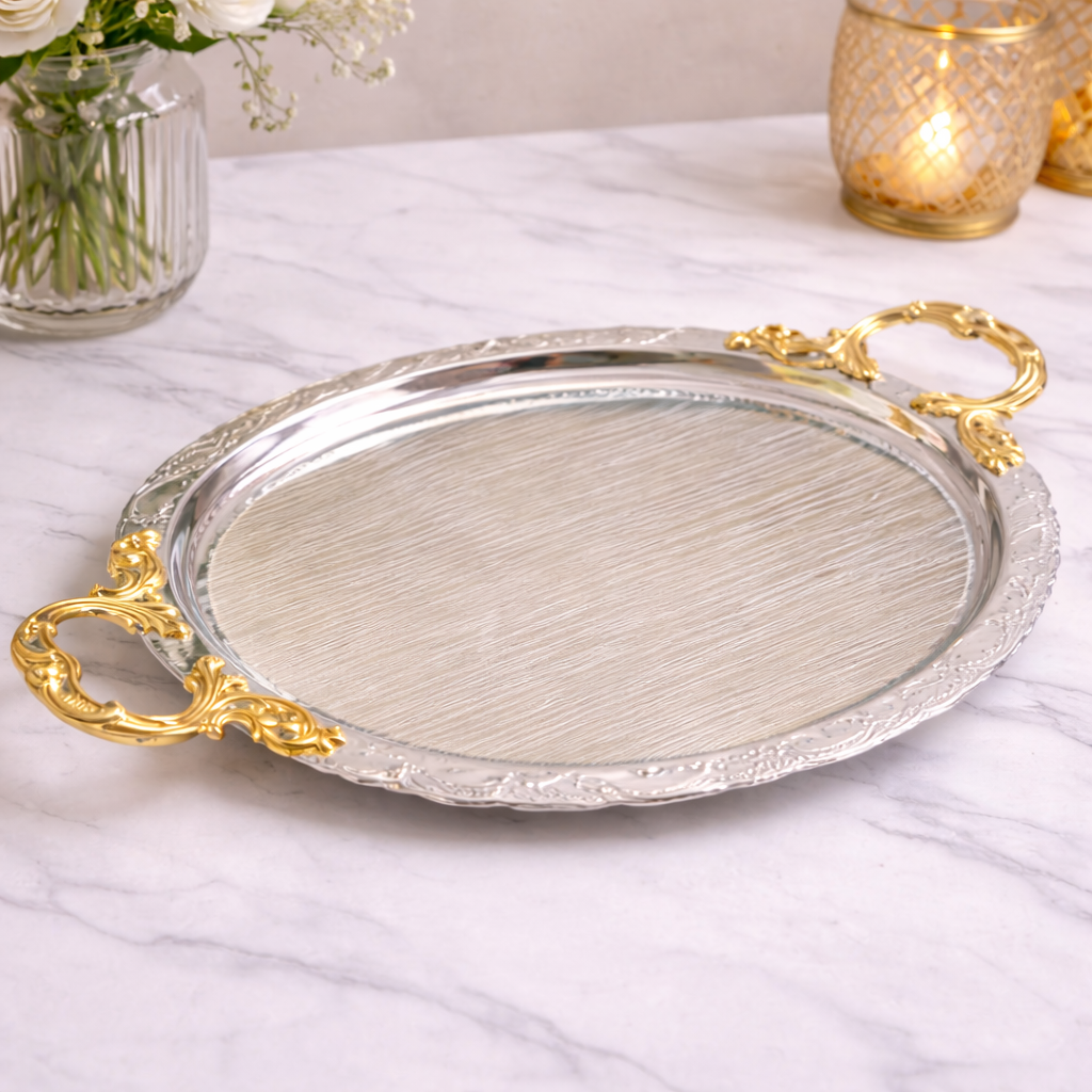 MARKET99 Glossy Oval Decorative Tray with Gold/Silver Handles