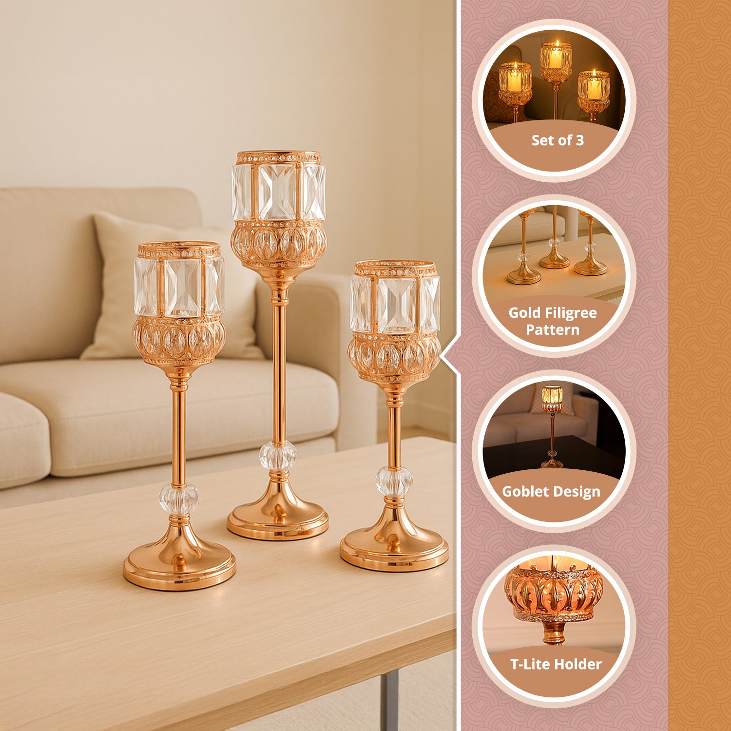 VON CASA Golden Filigree T-Light Holder - Set of 3