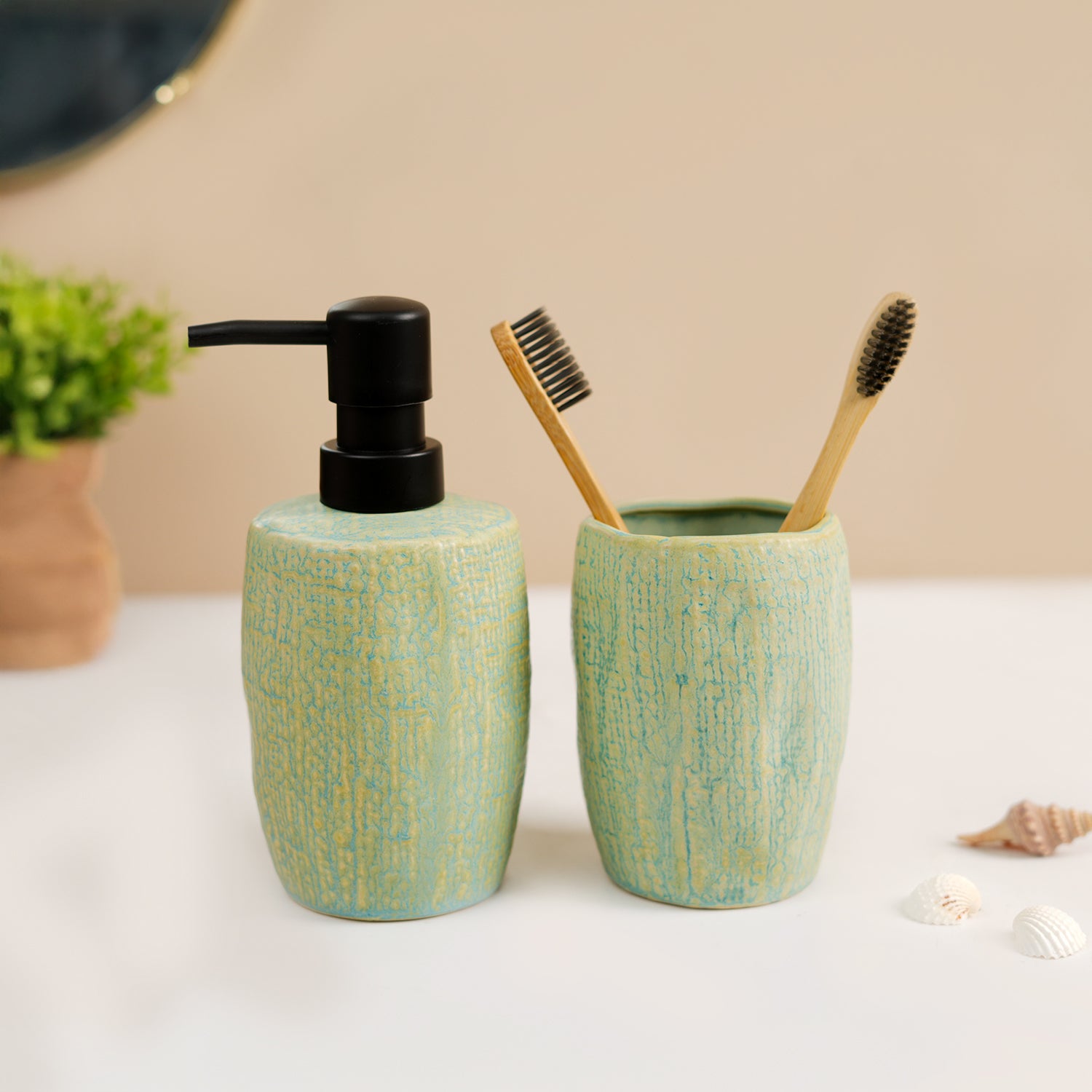 VON CASA Teal Green Wave Ceramic Bathroom Set (Set Of 2)
