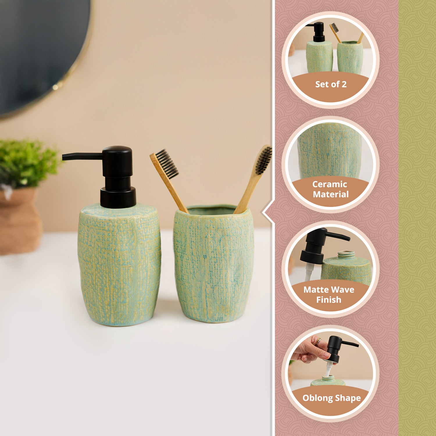 VON CASA Teal Green Wave Ceramic Bathroom Set (Set Of 2)