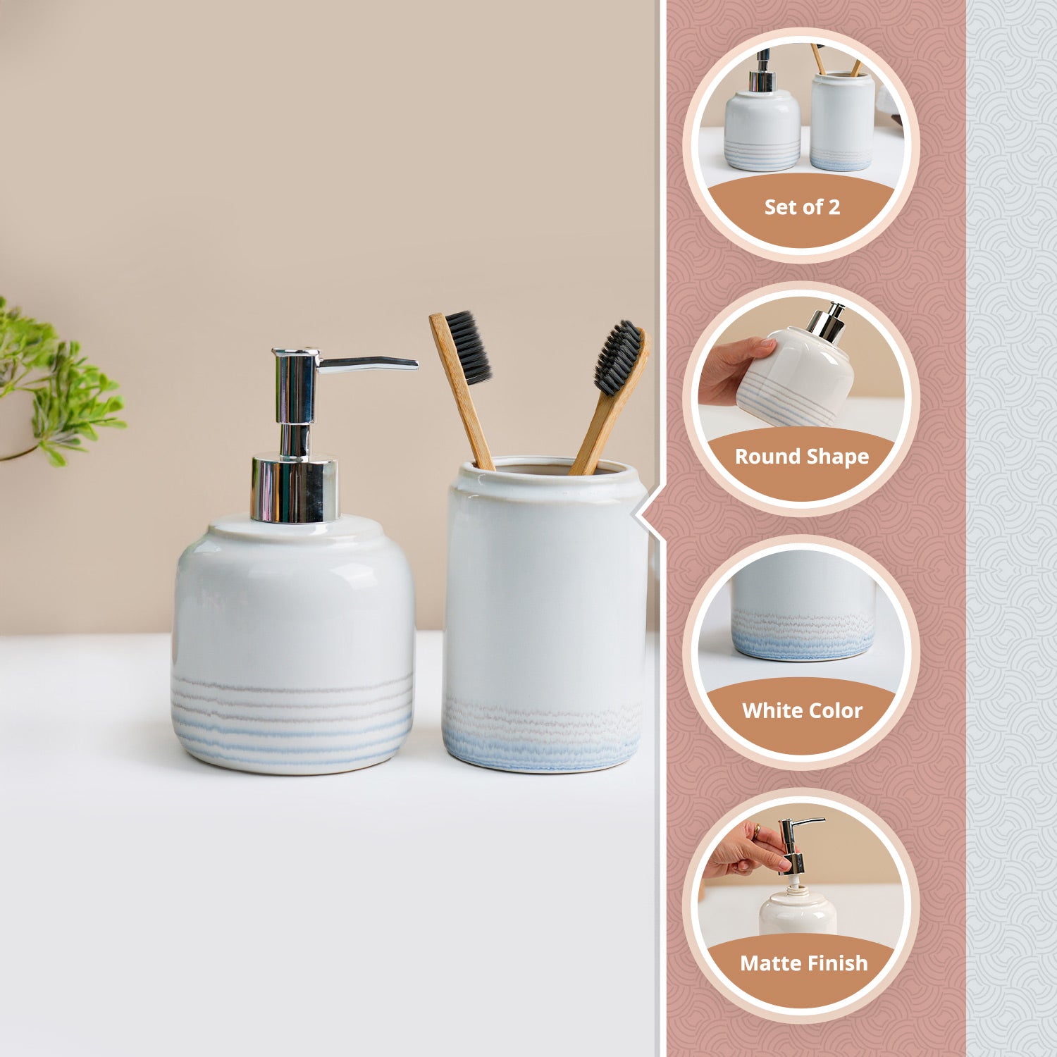 VON CASA Fine-Lined White Ceramic Bathroom Set (Set Of 2)