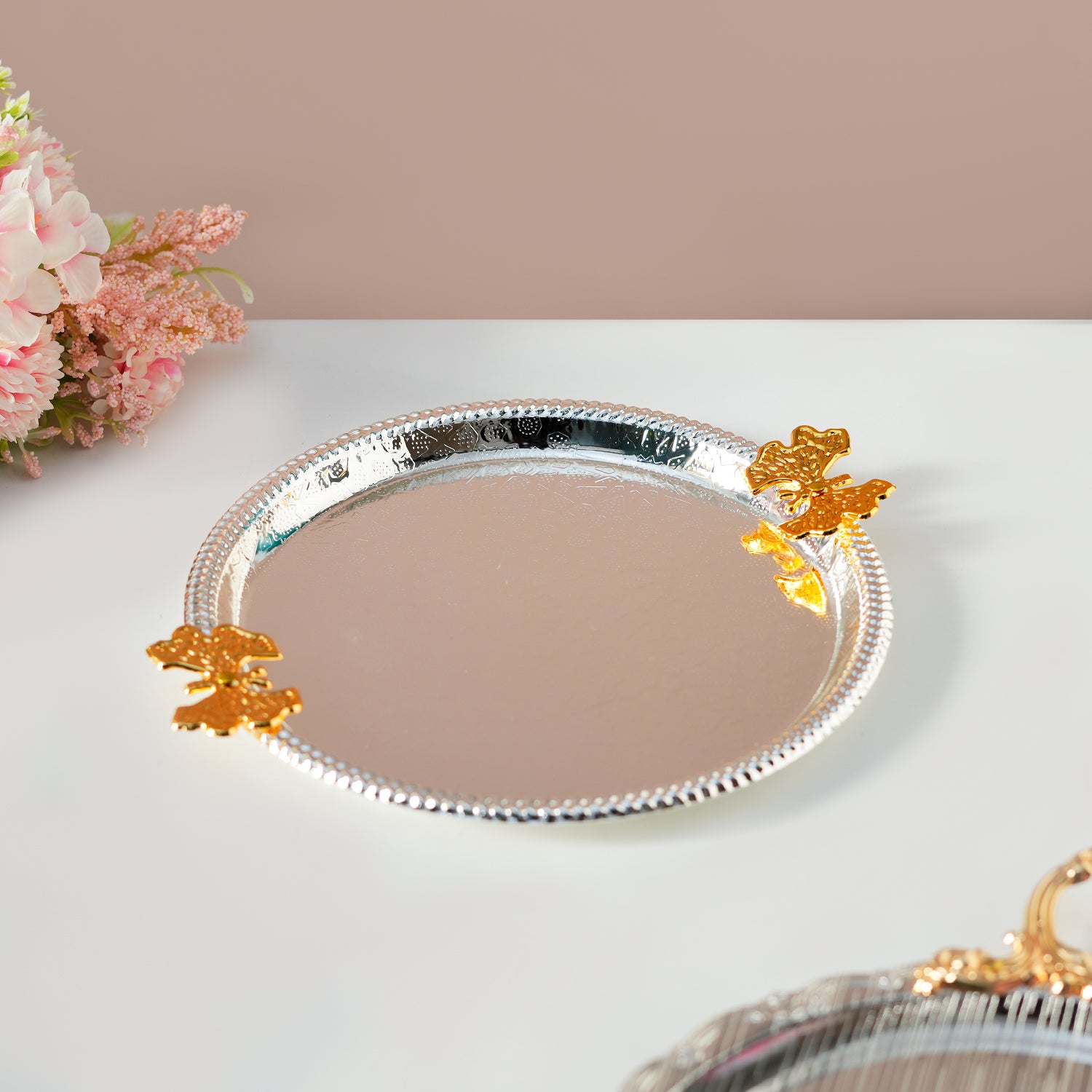MARKET99 Ornate Rim Decorative Tray with Silver & Gold Handles