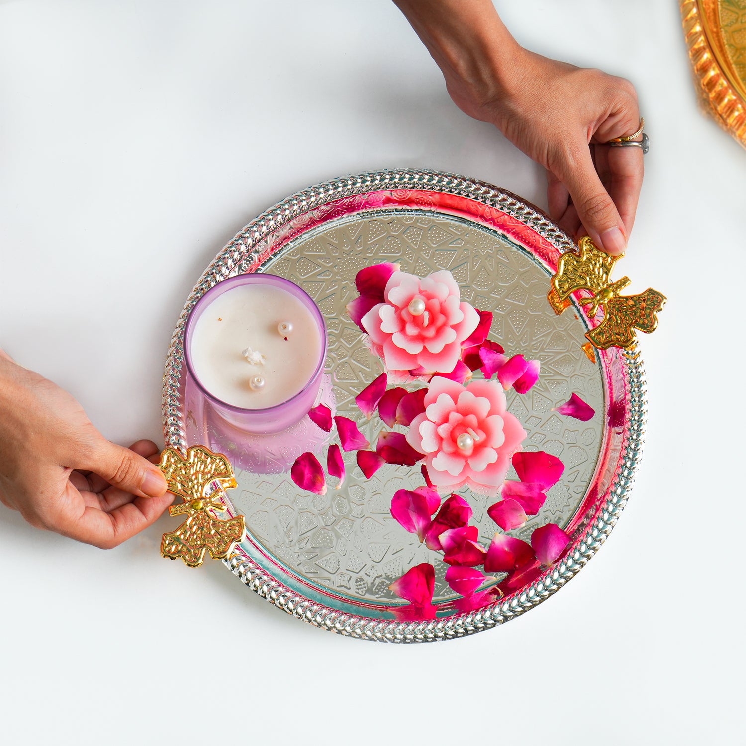 MARKET99 Ornate Rim Decorative Tray with Silver & Gold Handles