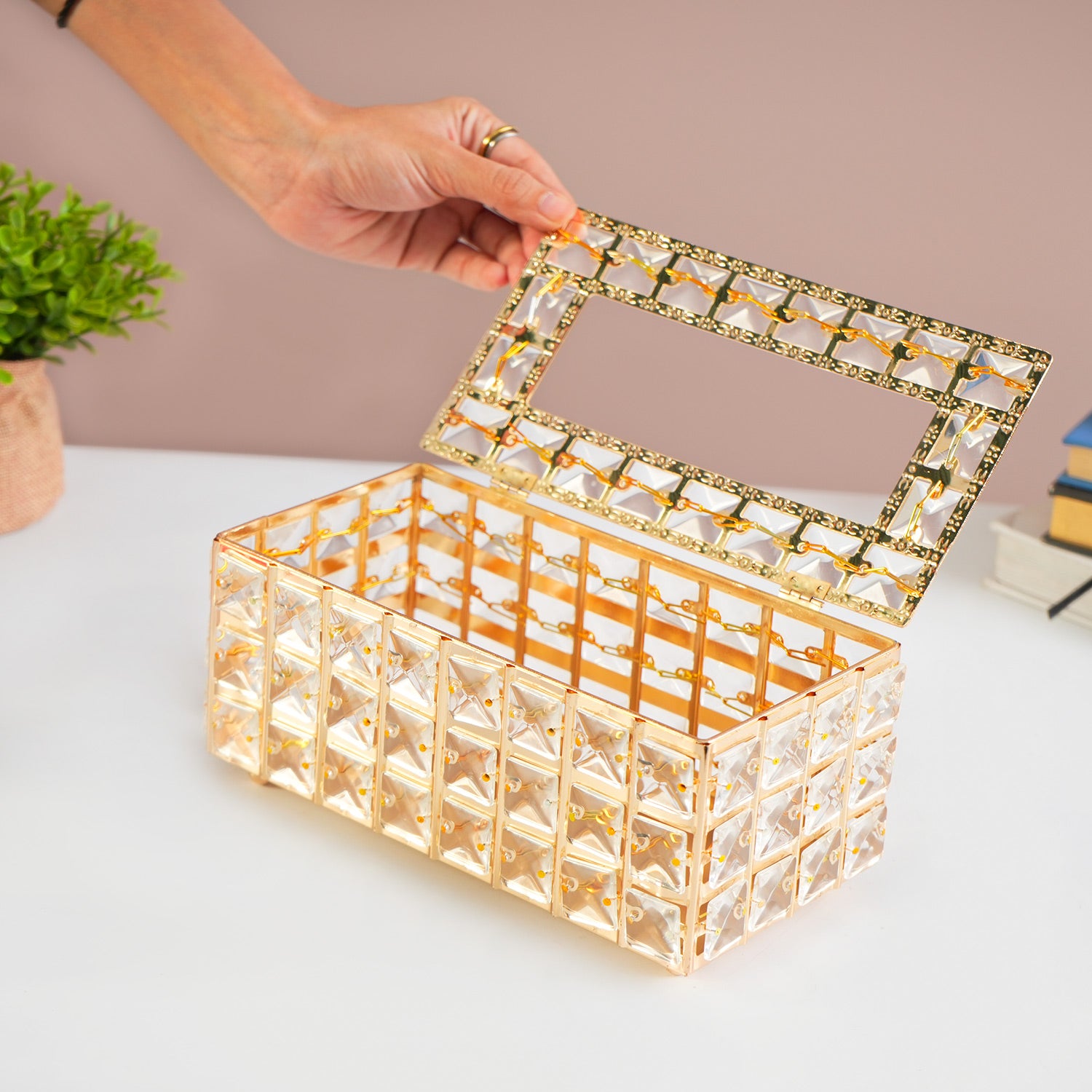 Golden Crystal Glass Tissue Box - Rectangle Shape