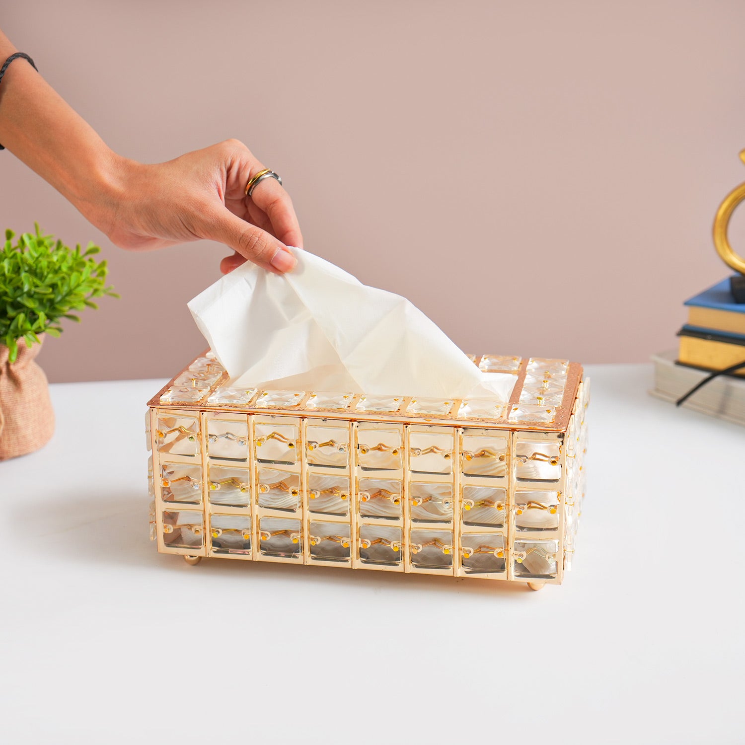 Golden Crystal Glass Tissue Box - Rectangle Shape