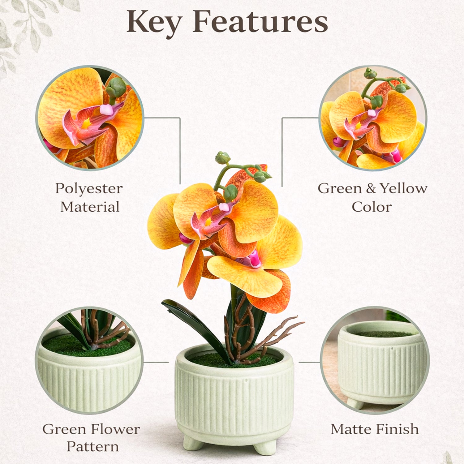 Artificial orchid plant with key features highlighted on a white background