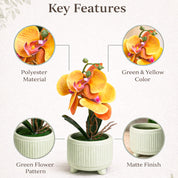 Artificial orchid plant with key features highlighted on a white background