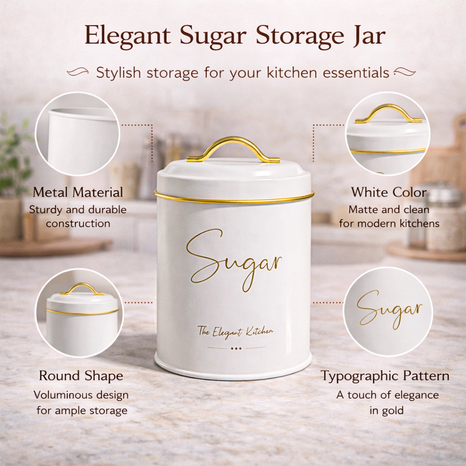 VON CASA White Iron Sugar Storage Jar - 1100 mL