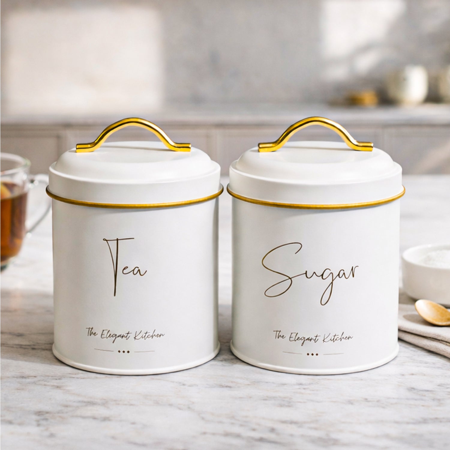 VON CASA White Iron Tea & Sugar Storage Jar Set - 2 Pcs, 1100mL